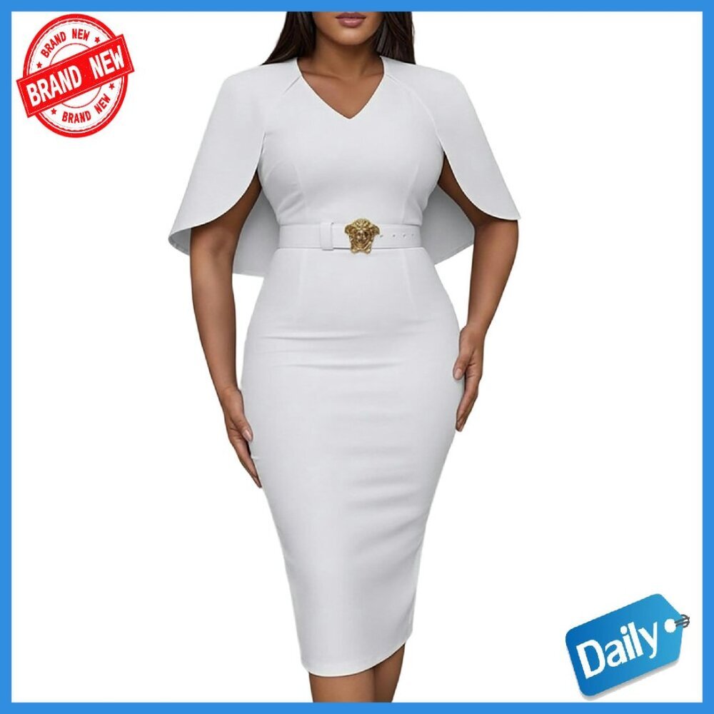 Cape Sleeve Bodycon Midi Dress V-Neck Back Slit Slim Fit Cocktail